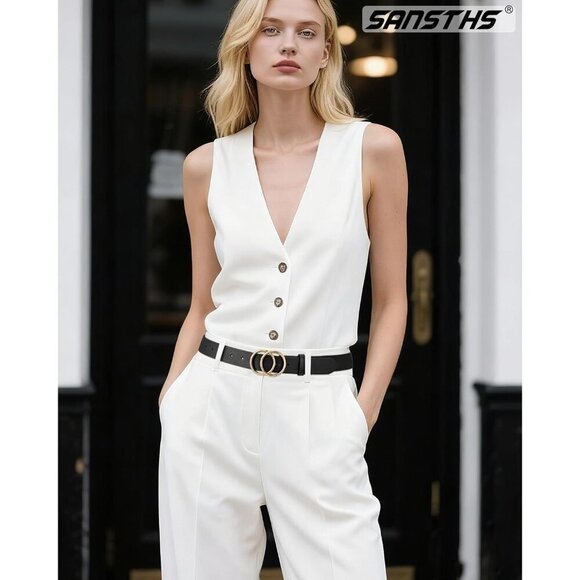Women\'s Leather Belt Jeans Pants Fashion Waist Belt Ring Buckle Black Gold